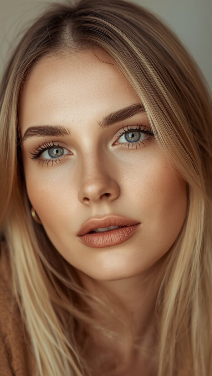 Close-up portrait of a young woman with blonde hair and blue-gray eyes wearing natural makeup