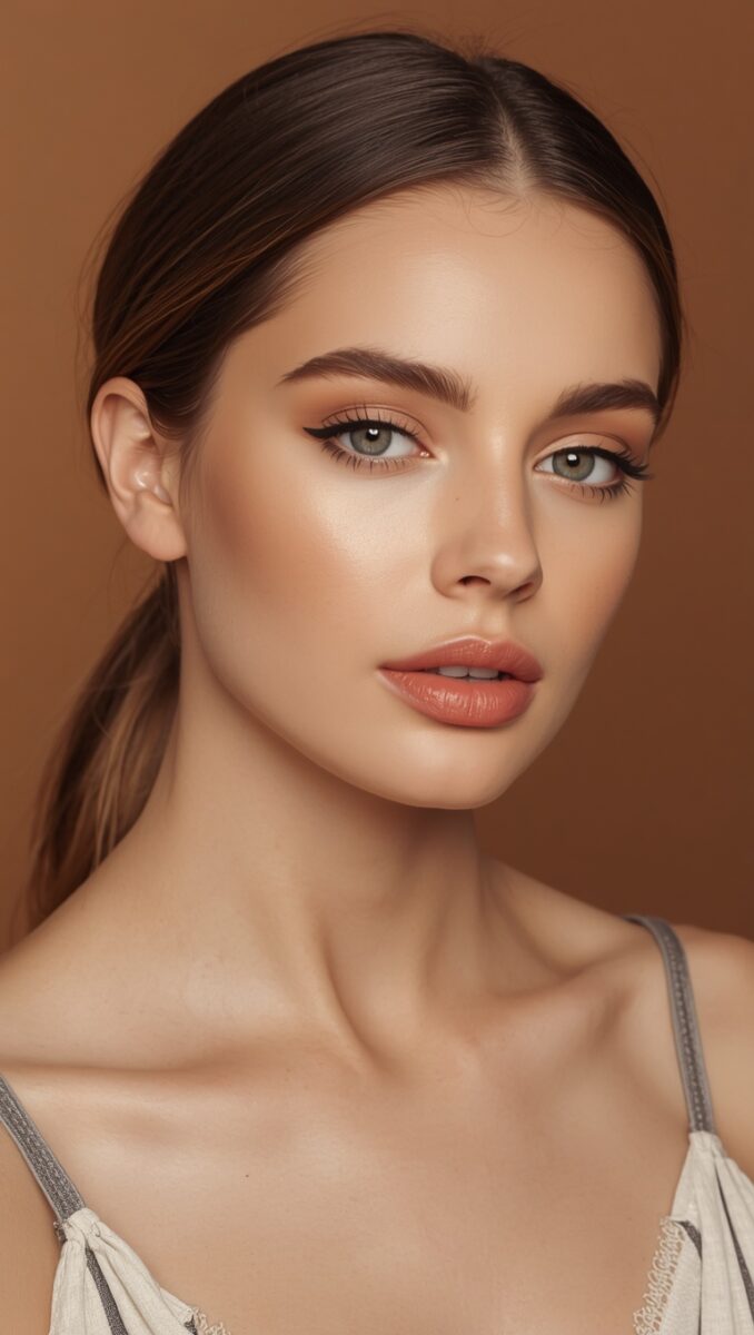 Young woman with brown hair, green eyes, winged eyeliner, and neutral makeup against a warm brown background