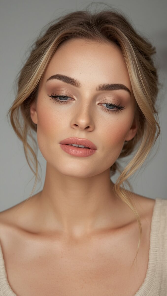 Woman with natural glam makeup featuring neutral eyeshadow, defined brows, lashes, and soft pink lips with blonde updo