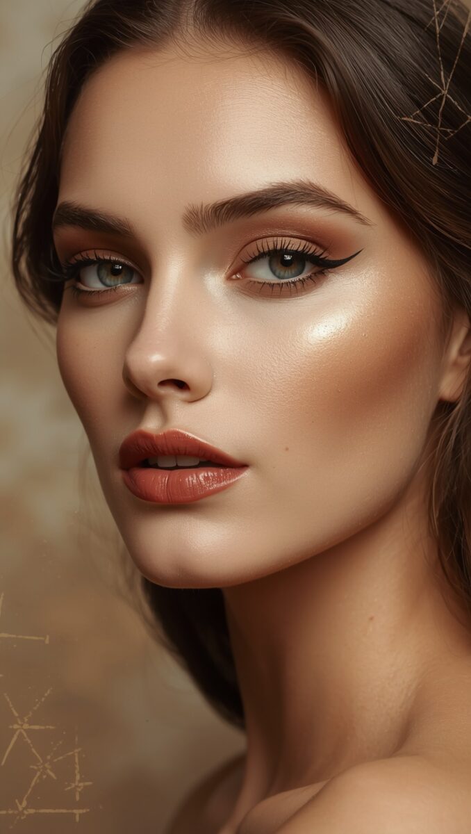 Close-up portrait of a woman with glowing skin, winged eyeliner, warm eyeshadow, and terracotta lips