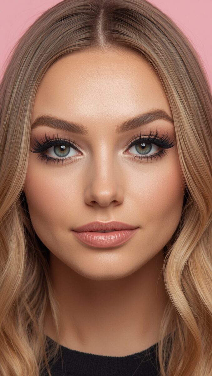 Woman with blonde hair, blue-green eyes, dramatic lashes, and neutral glam makeup on pink background