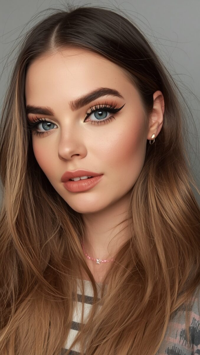 Young woman with blue eyes, long brown hair, winged eyeliner, and neutral makeup wearing a pink necklace