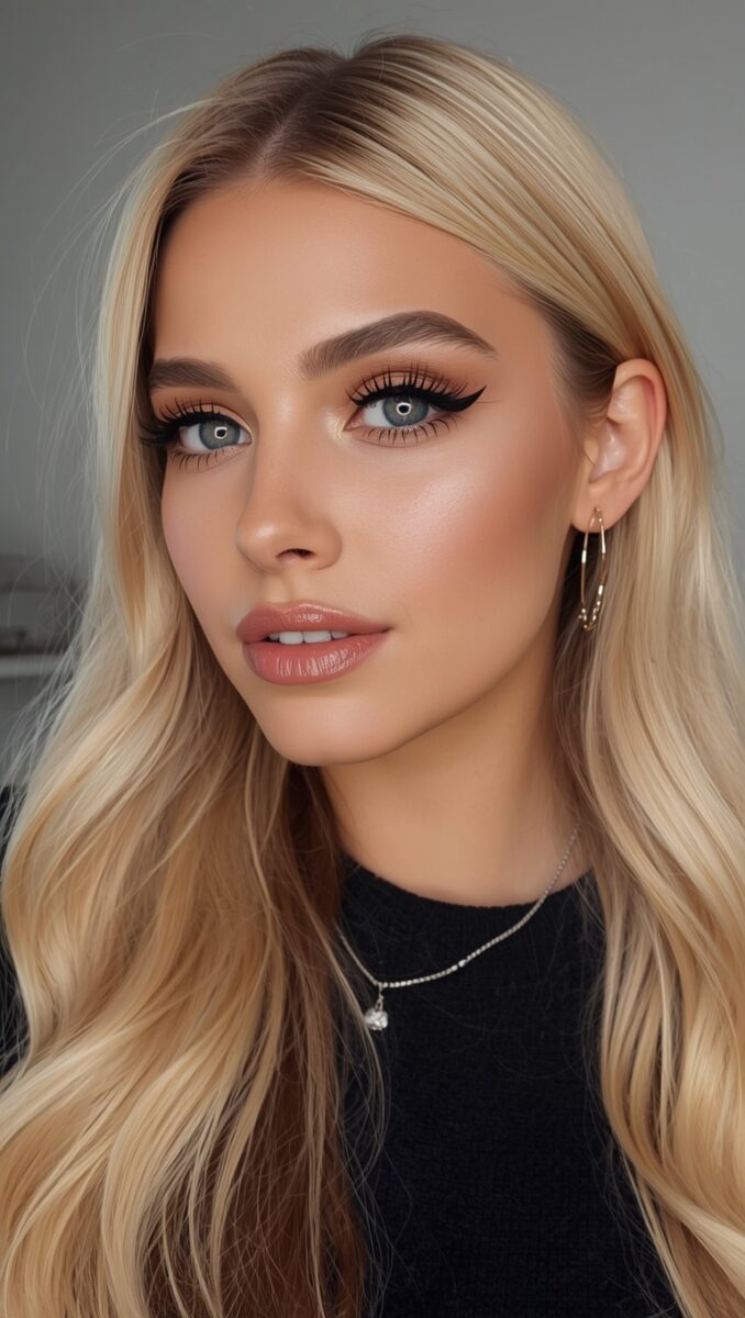 Young woman with long blonde hair, blue eyes, winged eyeliner, and glossy nude lips wearing a black top