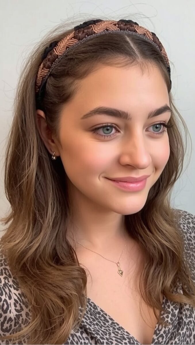 Young woman with blue-green eyes wearing a braided headband and leopard print top with a gold heart necklace