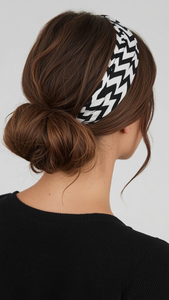Woman with brown hair in a loose low bun wearing a wide black and white houndstooth headband, black sweater, back view