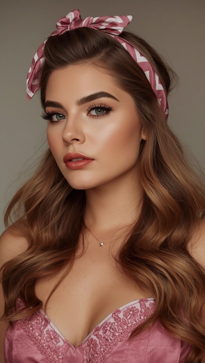 Young woman with retro pin-up style, wavy brown hair, pink bandana bow, lace top, and glamorous makeup