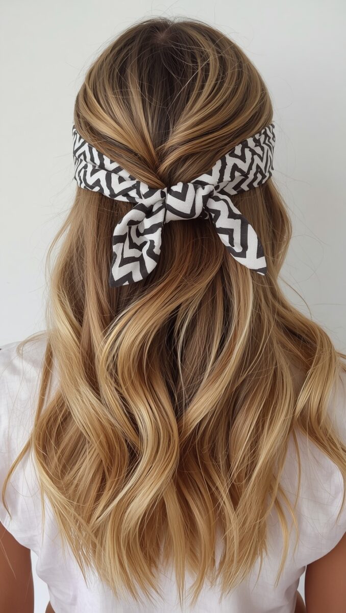 Back view of wavy balayage hair with black and white chevron patterned scarf tied in a bow