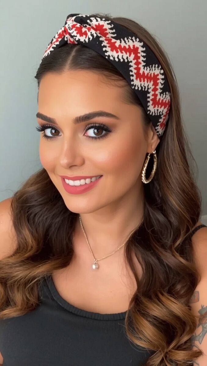 Young woman with wavy brunette hair wearing a black red and white patterned headband, gold hoop earrings, and pearl necklace