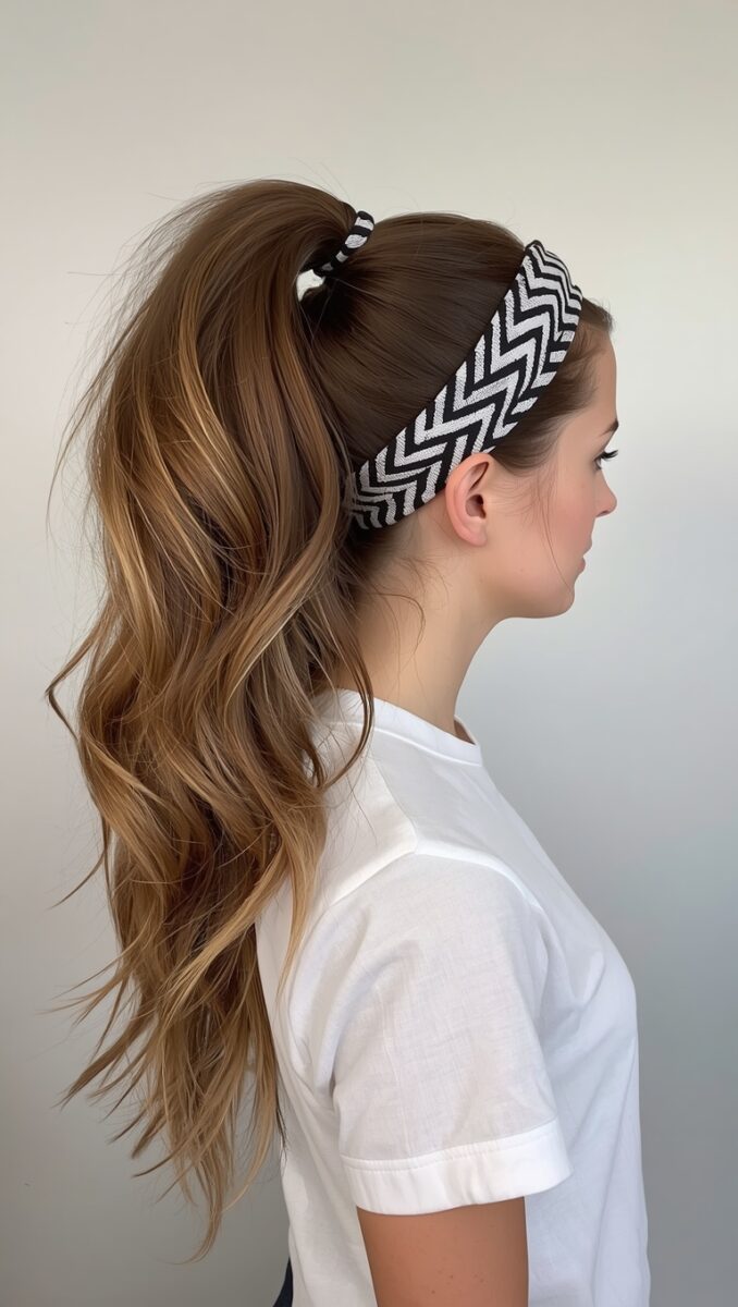 Woman with long brown wavy high ponytail wearing a black and white chevron headband and white t-shirt