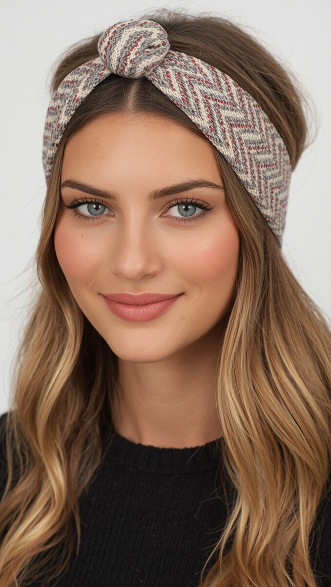 Woman wearing a patterned knit headband with chevron design and twisted knot detail in gray, cream, and red