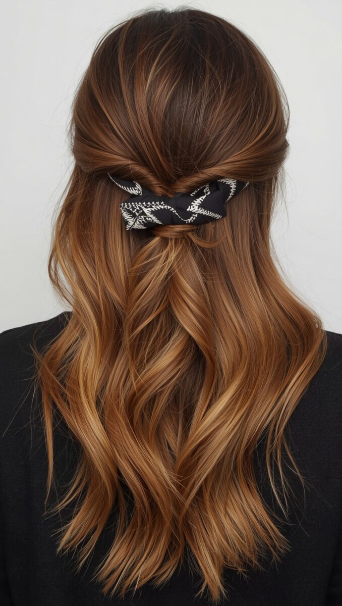 Back view of wavy brown balayage hair in half-up half-down style with black patterned bow accessory