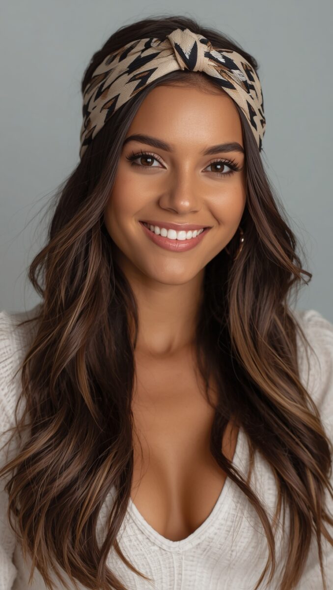 Smiling young woman with long wavy brown hair wearing a patterned twist headband and white sweater