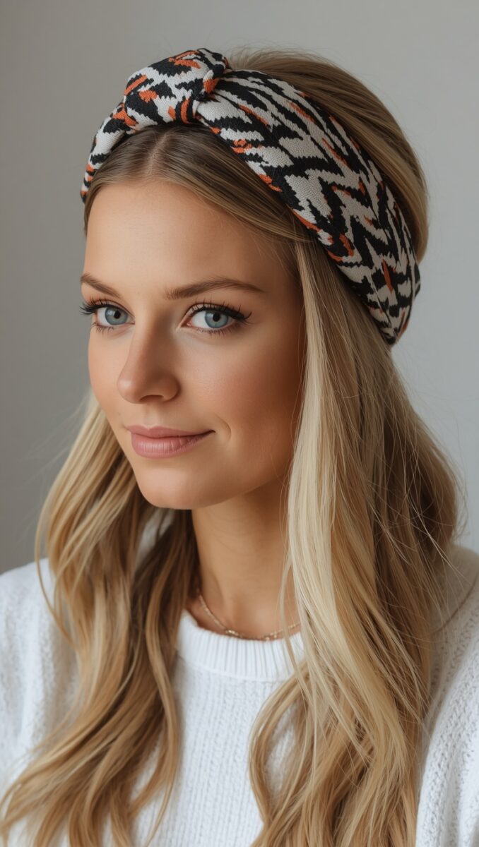 Young woman with blonde hair wearing a black, white, and orange houndstooth twisted headband and white sweater