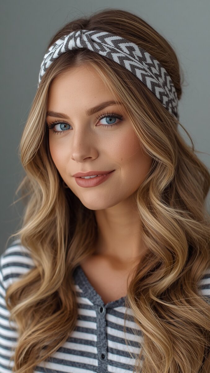 Young woman with wavy blonde hair wearing a gray and white chevron patterned headband and striped top