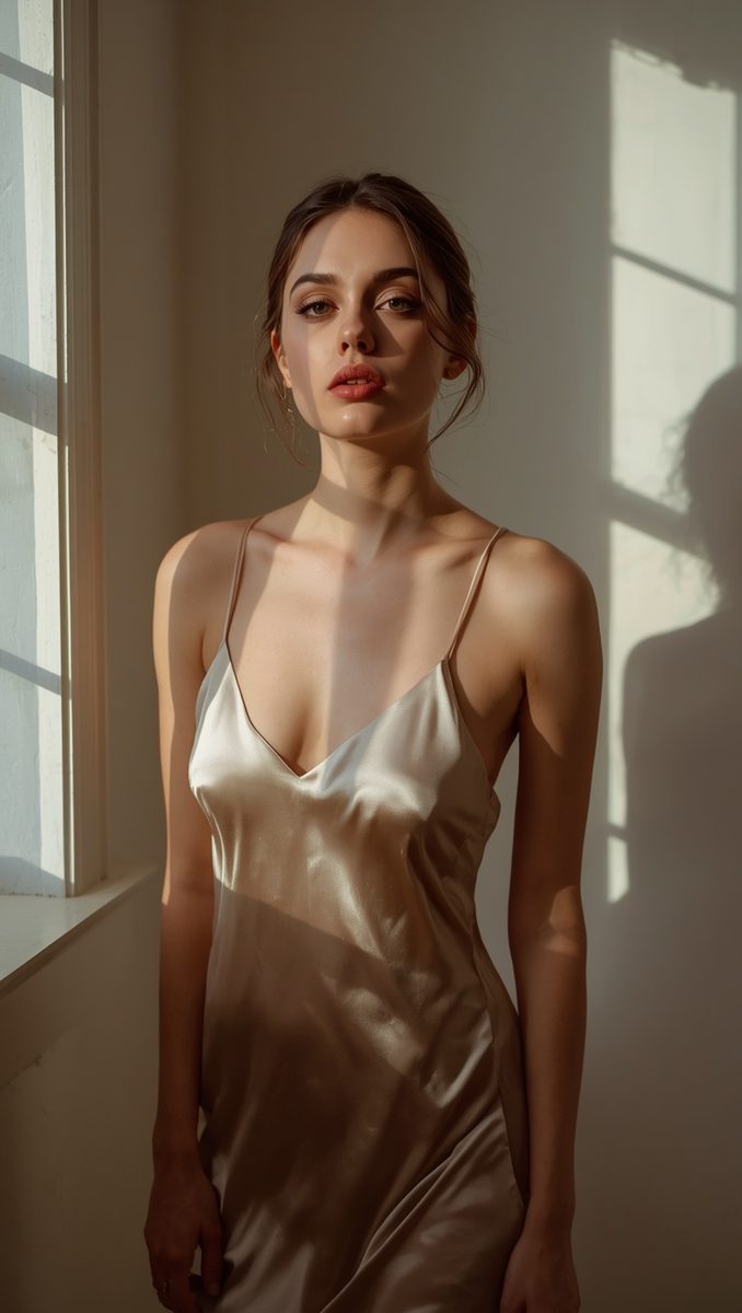 A Satin Slip Dress With Soft Window Light<