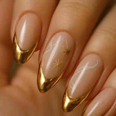 Almond nails with liquid gold French tips