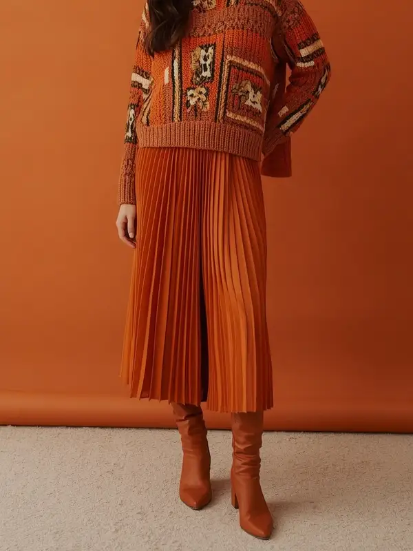 A rust knit sweater with a pleated rust midi skirt and tall boots against an orange wall